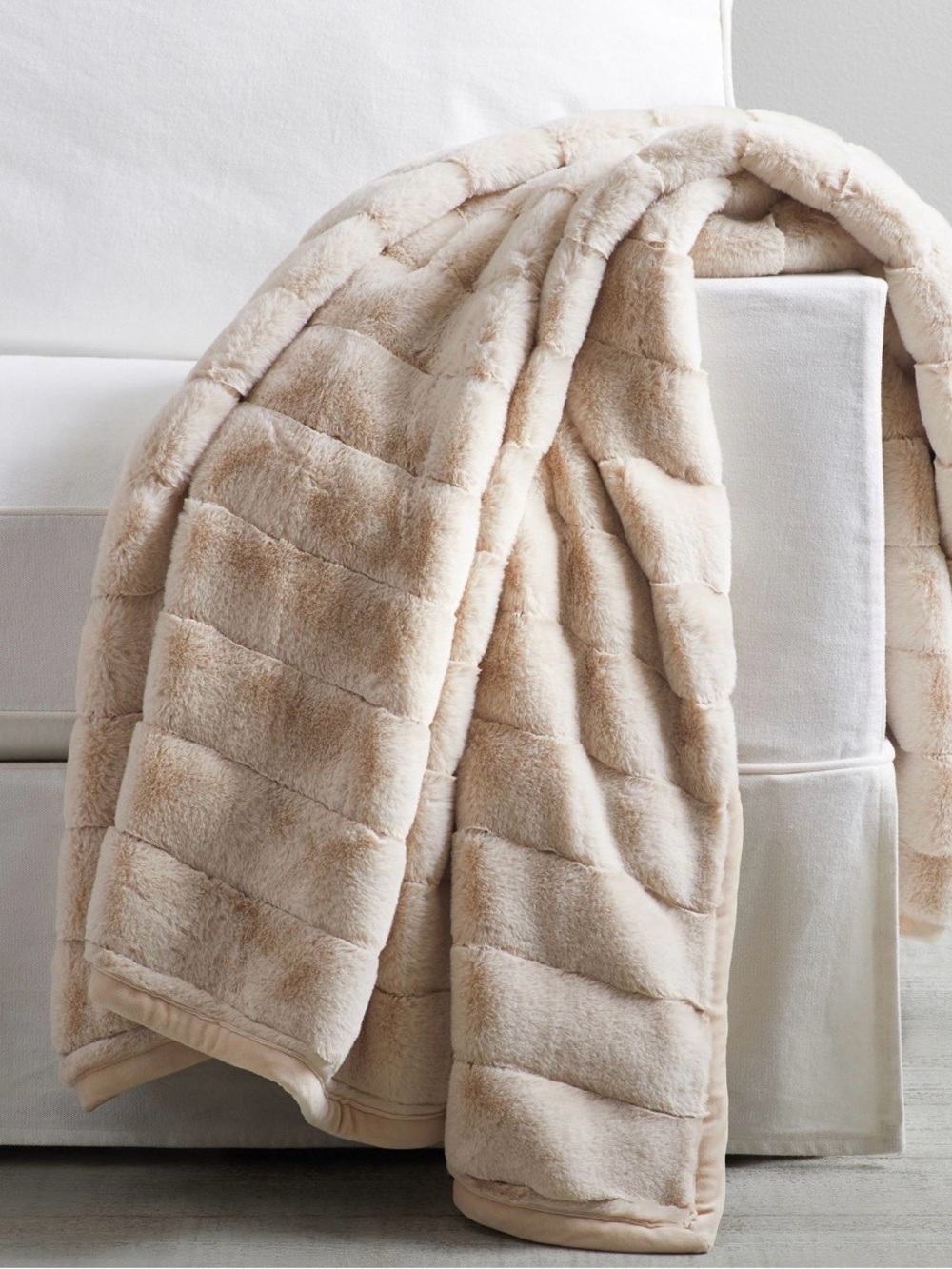 Pottery Barn Cozy Chic Cream Faux Fur Channel Throw Blanket 50x60